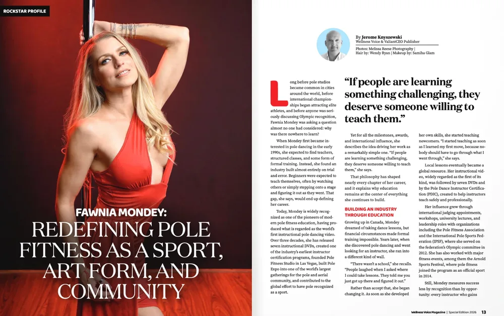 Fawnia Mondey of Pole Fitness Studio in Las Vegas on the opening spread of her Wellness Voice Magazine cover feature