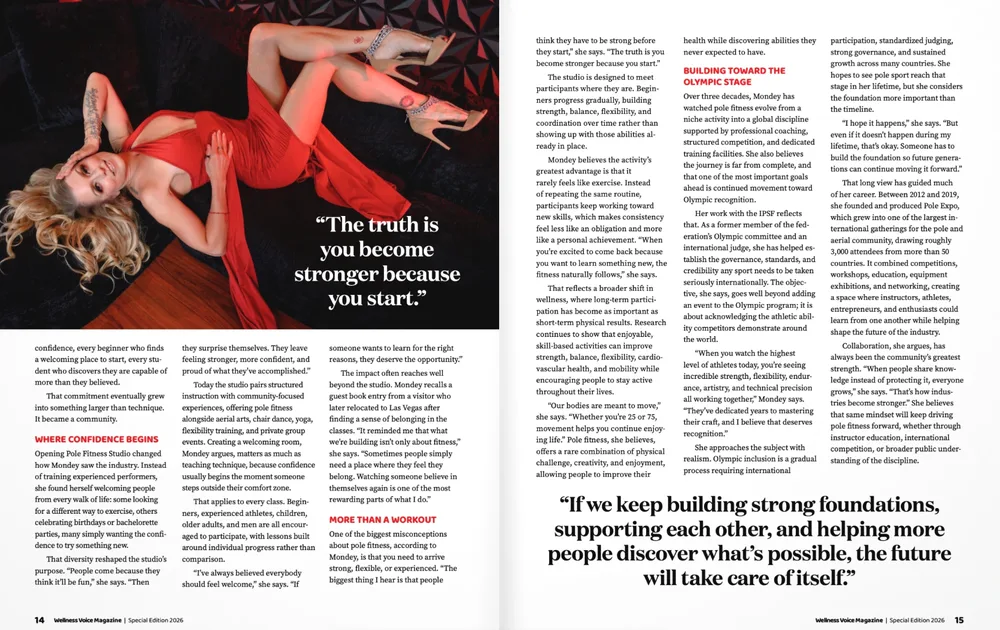 Wellness Voice Magazine spread on Pole Fitness Studio in Las Vegas, covering confidence, community, and the Olympic future of pole