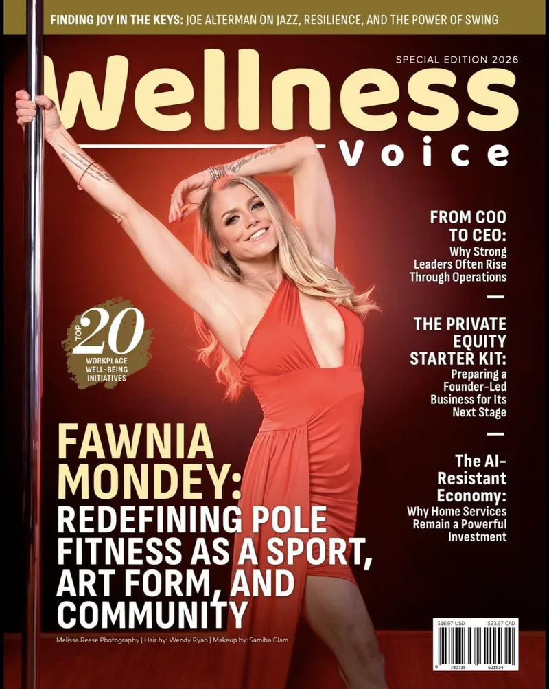 Wellness Voice Magazine Special Edition 2026 cover featuring Fawnia Mondey, founder of Pole Fitness Studio in Las Vegas